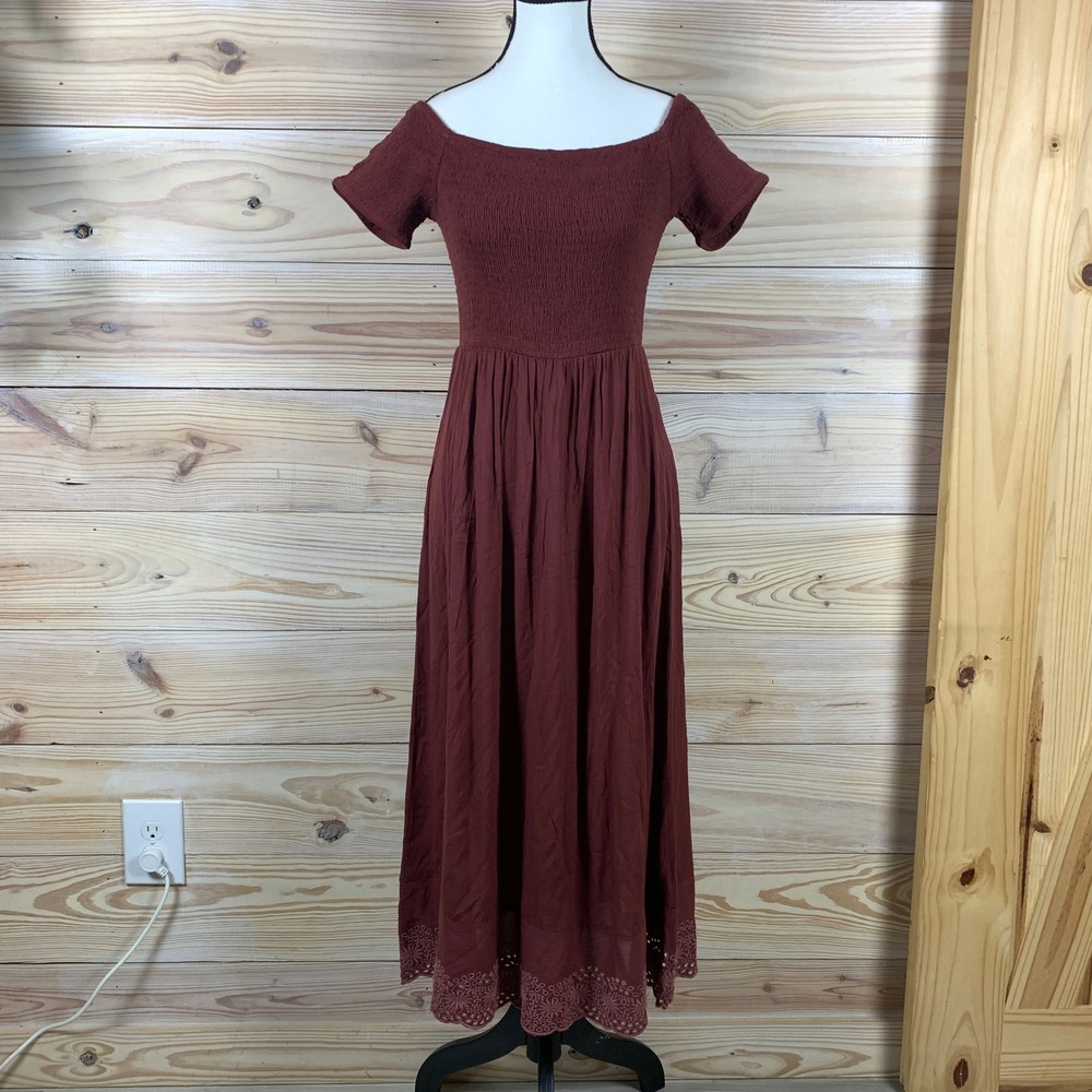 Roxy Midi Dress Womens S Rust Brown‎ Smocked Off Shoulder Eyelet Boho
